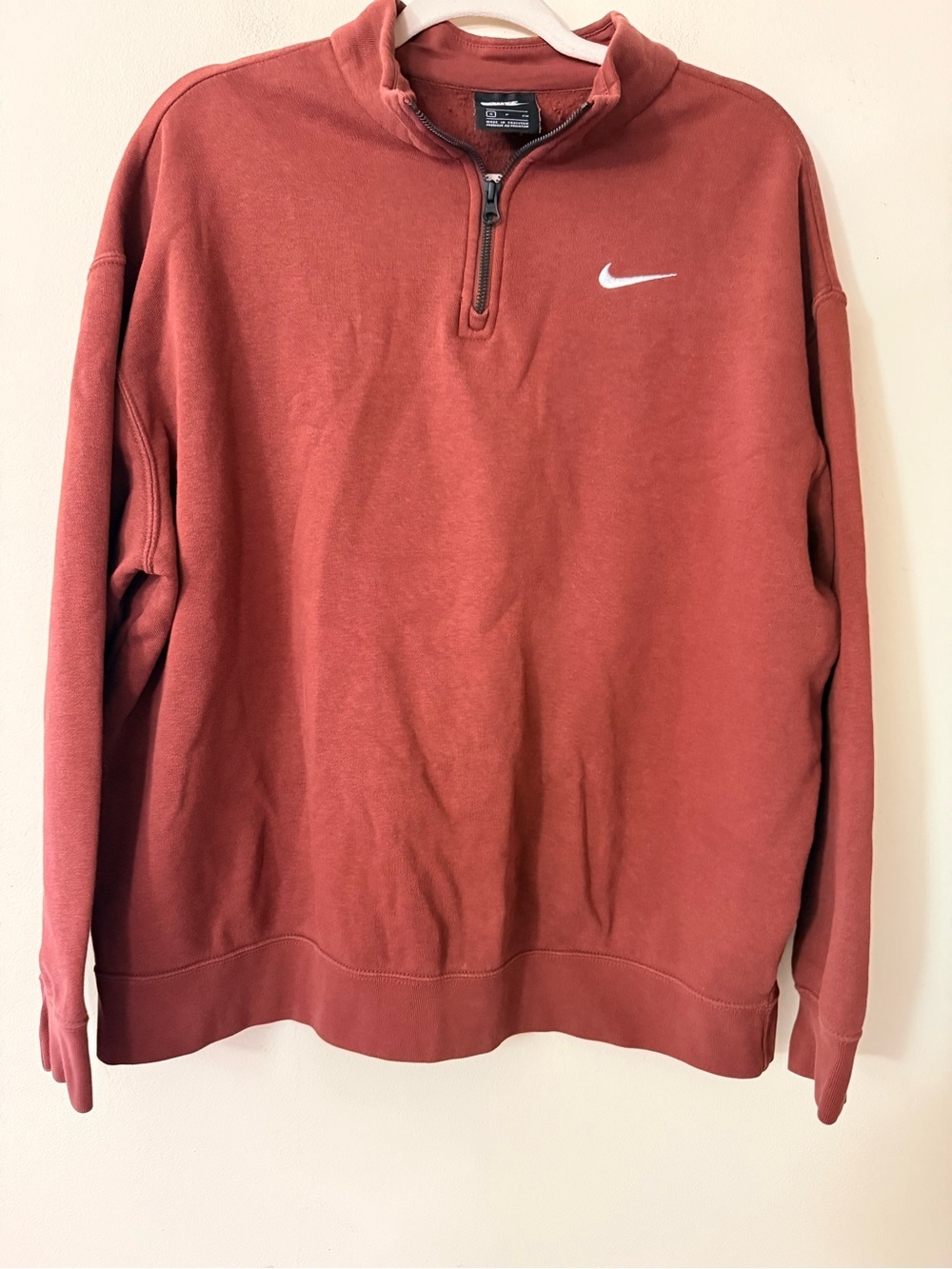 Nike Brick Red Quarter Zip with White Swoosh Tag, size S Oversized